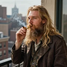norman rockwell portrait of a nordic man with long blonde hair and a (shaggy) beard smoking a joint on a balcony in New York City, Norwegian Man