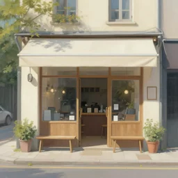 a serene painting of a street - side coffee shop