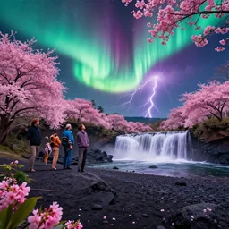 seiganto - ji in japan theme on holokalani black beach of maui in royal blue antelope canyon during sakura season on an interstellar aurora borealis with heavy thunder and lightning, pink waterfalls, flowers, tacca integrifolia, by peter mohrbacher, james jean, james gilleard, greg rutkowski, vincent di fate, rule of thirds, octane render, beautiful landscape