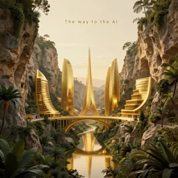 minimalistic movie poster fot the futuristic film the way to the ai, caves sculpted in mountain jungle cityscape golden buildings bridges overgrown vegetation algarve caves of benagil, golden buildings by santiago calatrava and zaha hadid, glowing reflections, at dusk, octane render redshift unreal engine, composition by by saul bass and mike mignola