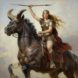 painting of barbarian woman mounted atop styracosaurus warhorse, holding spear aloft. beautiful eyes. long hair. intricate detail, high quality, digital painting, hyperrealistic, by gaston bussiere, j. c. leyendecker, craig mullins