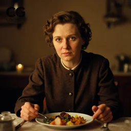 1 9 7 9 a soviet movie still a russian woman sitting at a table with a plate of food in dark warm light, a character portrait by nadya rusheva, featured on cg society, neo - fauvism, movie still, 8 k, fauvism, cinestill, bokeh, gelios lens