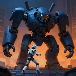 a small human robot fighting a big one monster machine, dark fantasy, extremely detailed, sharp focus, smooth, matte painting, blue orange chiaroscuro, trending on artstation
