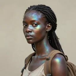 a girl adventurer with iridescent skin by kehinde wiley