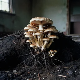 1 9 7 0 s photography, mushrooms growing from and over fertile human body in dirty abandoned house covered in black roots