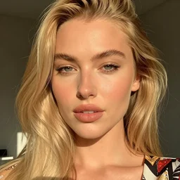 head shot photo of a olive skinned blonde female model in her twenties, silky hair, wearing a designer top, looking content, photo realistic, extreme detail skin, natural beauty, no filter, slr, golden hour, 4 k, high definition, selfie