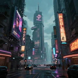up shot, a cyberpunk City Street with billboards and signs , rendered by simon stålenhag, rendered by Beeple, Makoto Shinkai, syd meade, environment concept, digital art, starwars, raphael lacoste, eddie mendoza, alex ross, concept art, cinematic lighting, , unreal engine, 3 point perspective, WLOP, trending on artstation, low level, 4K UHD image, octane render,