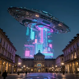 giant alien spaceship in the sky, piazza san carlo in turin in the style of blade runner, giant holographic adv, cinematic, neon lights, futuristic, cyberpunk, sharp focus, matte painting, artstation