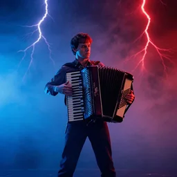 dwight schrute playing the accordion, dramatic scene, blue fog, red lightning, ultra wide angle, movie still, photorealistic, stranger things, netflix, upside - down, colorful lighting, grainy