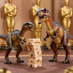 Two dinosaurs playing Jenga at the Oscars ceremony, photorealistic 8k artstation