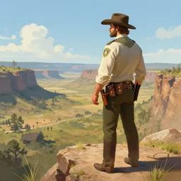 wild west portrait of brawny sheriff man standing at the edge of a cliff looking out at the valley, sunny day, digital art by Nerdrum John, William Waterhouse, Winslow Homer, Alex Heywood, Jordan Grimmer, Darren Quach, Greg Rutkowski, Simon Stalenhag, trending on Artstation, CGSociety