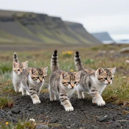 a picture of kittens walking on a landscape in iceland