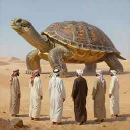 desert dwelling bedouin tribesmen stand in awe of the colossal turtle god. fantasy landscape by ed schaap, finely detailed oil painting, warm light. awe. trending