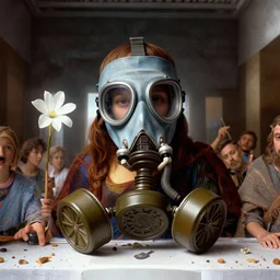 the last supper in gas masks by leonardo da vinci, high angle closeup portrait, bloom, medium shot, dramatic lighting, in the style of studio ghibli, j. c. leyendecker, greg rutkowski, artgerm
