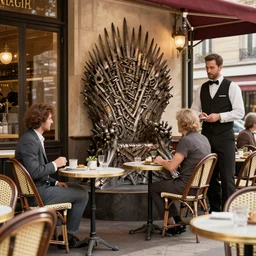 a photorealistic render of a parisian cafe at lunch time but all the chairs look like the iron throne, cafe customers, fancy french waiters, ultra detailed face, 8 k, artstation, volumetric lighting, smooth, highly detailed, octane render, by andres rocha and albert bierstadt and greg rutkowski