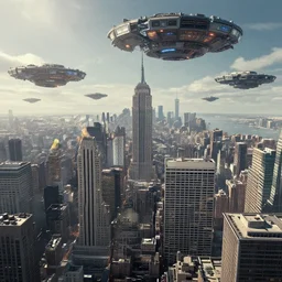 the seven hour war of the combine invasion as seen in new york city, artist rendition, high detail, dystopian landscape with advisor pods floating above