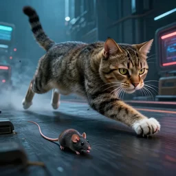 a big cat, chases down × a live mouse!!!!!! by mark ryden in cyberpunk environment, 4 k ultra high resolution, horror, long camera shot