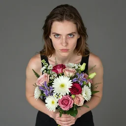 Photo of a young white woman with uneven skintone and piercing eyes holding a bouquet of flowers, facial asymmetry, medium full shot from above, fine-art photography, natural lighting, wide aperture, Nikon D850 28-300mm, by Eric Lafforgue