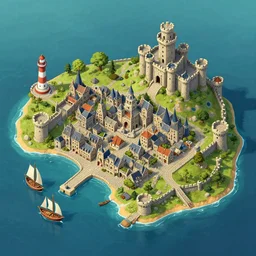 isometric island with a medieval city, a port with sailboats, a lighthouse in the water, stone towers of a castle block of art. hd, detailed, 4k, concept art.