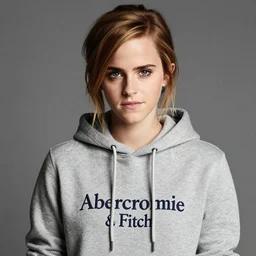 Photo of Emma Watson wearing a hoodie, soft studio lighting, photo taken by Martin Schoeller for Abercrombie and Fitch, award-winning photograph, 24mm f/1.4