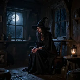 a witch sitting in the shadows on the inside of a dark cottage at night, moonlight through windows, highly detailed interior, by Bastien LeCouffe-Deharme, hyperrealistic, Cryengine 8k UHD