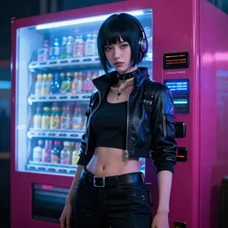 extremely detailed realistic render of a cyberpunk girl i spired by ghost in the shell in front of a neon vending machine by James Jean and craig mullins, ArtStation, CGSociety
