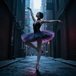 cyberpunk ballerina assassin, in dark alley, cityscape, 8k, ultra realistic, photorealistic