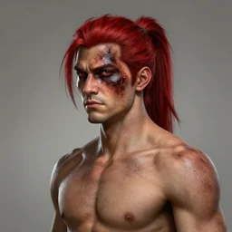 portrait, 30 years old man :: red hair ponytail :: burned face, grimy, shirtless :: high detail, digital art, RPG, concept art, illustration, no vignette