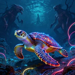 sea turtle, neon, RGB, glowing wires everywhere, by Edgar Maxence and Ross Tran, Zdzisław Beksiński, and Michael Whelan, distant, gustav dore, H.R. Giger, 8k, octane render