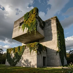 concrete architecture with moss and ivy growing all over, futuristic, late afternoon light, dramatic clouds in a blue sky, by frank lloyd wright and greg rutkowski and ruan jia
