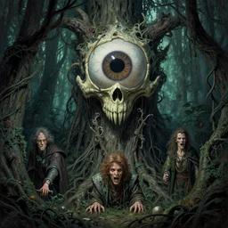 hyperdetailed art nouveau portrait of treebeard as a cthulhu eyeball skull dragon, by tim hildebrandt, simon bisley, and bill sienkiewicz, grim yet sparkling atmosphere, photorealism, night in the forest, swamp, vines, terror, wild, crazy, scary, horror, lynn varley, lovern kindzierski, steve oliff
