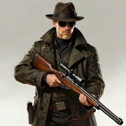 viktor reznov from call of duty : world at war with a coat, a blonde goatee, short hair, fedora, and sunglasses, holding a wooden sniper rifle, establishing shot, art by yoji shinkawa, metal gear solid concept art