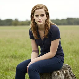 facial portrait of emma watson sitting on a tree stump in a field, by oleg oprisco