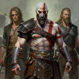 a highly detailed beautiful painting of a homeless man as kratos, by gregory manchess, james gurney, james jean