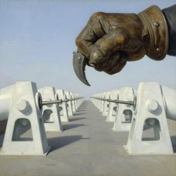 painting by dean cornwell, ilya repin, nc wyeth painting, ultra wide, vanishing point, 3 d perspective, giant claw, fist, glove, white metal machines