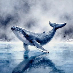 watercolor painting of whale in crystal clear ice lake, reflective, crisp winter, fog and snowing, ambient lighting, dramatic art by jesper ejsing