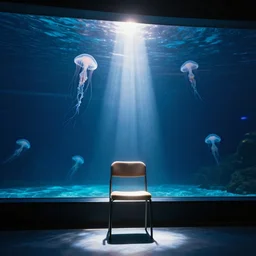 a room inside an aquarium where abyssal creatures are visible, cinematic lighting, sun, jellyfish, glass, reflection, trending on artstation, glare, highlighted empty chair