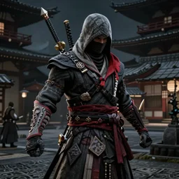 Ingame Screenshot of Assassins' Creed 6: Tokyo Shinobi, for ps5, Dark, Highly Detailed, Feudal era Japan, Shinobi, Ninja, Tokyo, Ghost of Tsushima and Sekiro as references, Wielding Kunai, Unreal engine 5, HD, Ultra Graphic settings, 8k, Water Color shader, GTX 3090, In the style of Sifu 🔥 😎 🕹️ 👀  :2 ,Ninja, Stealth, Shinobi, Smoke :6 ,Female protagonist 👀 :8