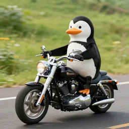 pinguin on a Harley Davidson on the road, funny picture
