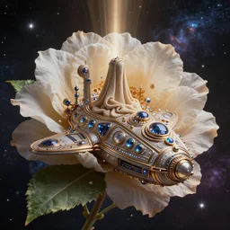 space ship organic, flower, leaf, cosmic, highly detailed ornate with jewels and precious metals futuristic, sandman kingdom, kingdom of dreams, space ships, hiperrealistc, global illumination, radiant light, stellar background, by peter mohrbacher