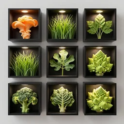 composition of nine black _ large _ square with different plants, diorama, front view, light mode, led lamps, tremella fuciformis, grass, leaves, romanesco broccoli, abstract sculpture