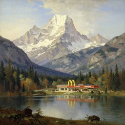 beautiful albert bierstadt landscape painting of beautiful mountains and lakes with a mcdonald ’ s fast food restaurant in the scene
