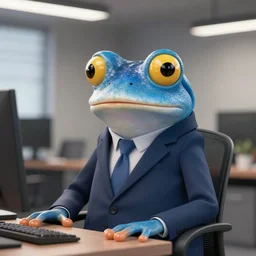 octane render professional portrait of a blue frog wearing a suit sitting in an office,