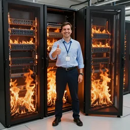 A photo of a system administrator doing a thumb up to the camera in front on burning servers, servers in flames, happy system administrator doing a thumb up, uncropped, full body