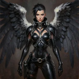 full body artwork of tracer overwatch, wearing leather collar, in style of zdzisław beksinski, angel wings, dramatic painting, symmetrical composition, wearing detailed leather collar, black shiny armor, chains, black harness, detailed face and eyes,
