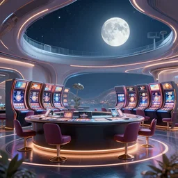 futuristic casino, crisp, artistic, artstation, beautiful, luxury, moonlighted, soft