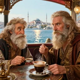 close up digital illustration of elrond and tom bombadil having a cup of turkish coffee in a coffee house overlooking stunning view of the bosphorus strait in istanbul, cinecolor, specular reflections, detailed faces, hypermaximalist, elegant, ornate, fantasy art, by alan lee, by tolkien, by dan hennah, by peter jackson