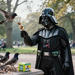 a photograph of Darth Vader feeding the birds in a park, cinematic lighting, 35mm, morning light, national geographic, fuji velvia, highly detailed, 8k,