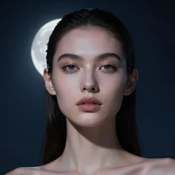 3 d, sci - fi, night, moon, moon rays, fashion model face, cinematic, clouds, vogue cover style, realistic painting, intricate oil painting, high detail illustration, figurative art, multiple exposure, poster art, 3 d, by tooth wu and wlop and beeple and greg rutkowski