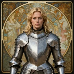 masterpiece head-on symmetrical centered portrait, Elisha Cuthbert as a warrior, medieval era, blonde hair, full steel armour, art nouveau, gothic, elegant, distant, in the style of Edgar Maxence and Ross Tran and Zdzisław Beksiński and Michael Whelan and Mucha and Gustave Doré, specular highlights, 8k, octane render